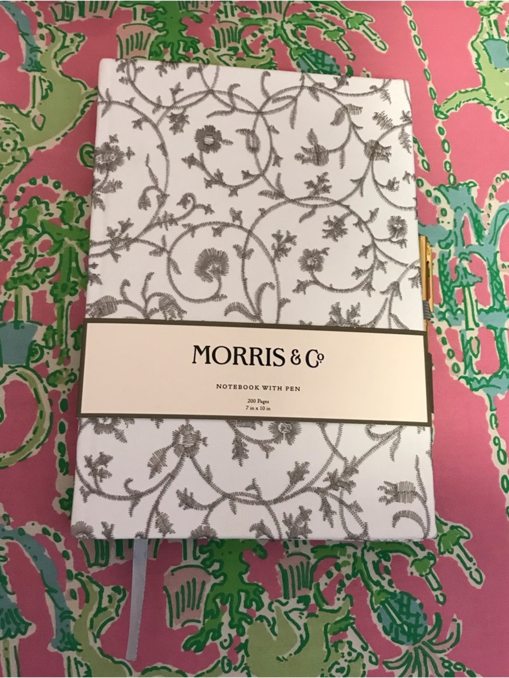 Morris & Co. white and gray floral embroidered notebook journal with pen